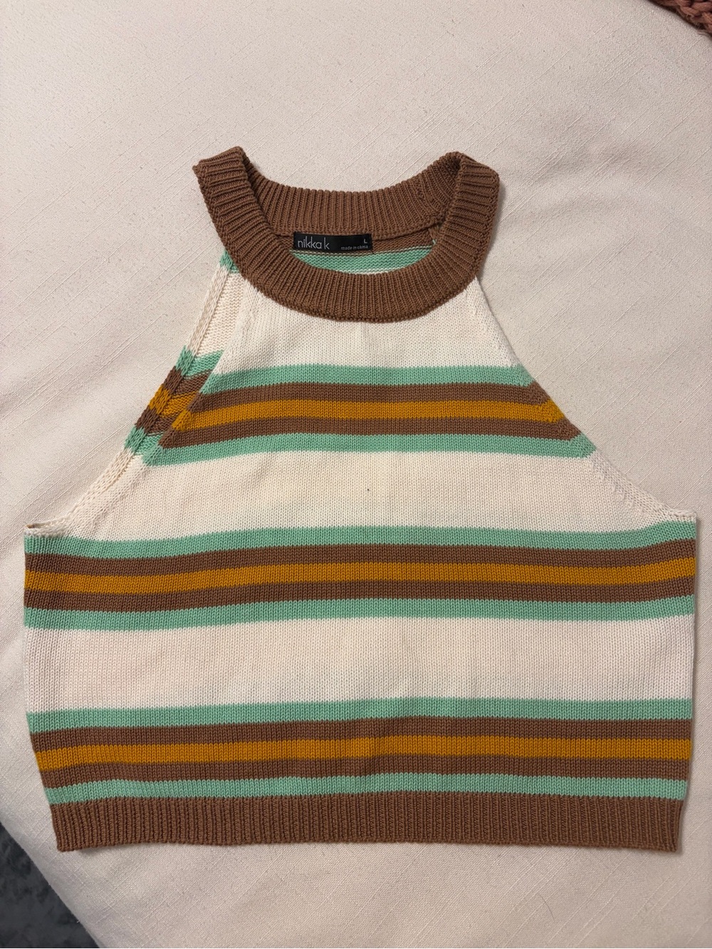 Ribbed Stripe Knit Tank Top - Brown/White/Green -